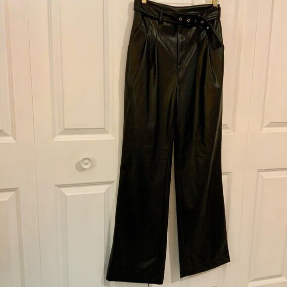 7 For All Mankind Black Vegan Faux Leather Belted Wide Leg Pants Small New - Picture 6 of 13